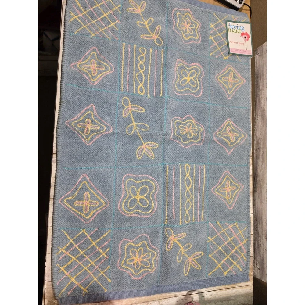 Springmaid Colony Patch Blue Accent Rug 22x34 Cotton Embroidered Floral READ